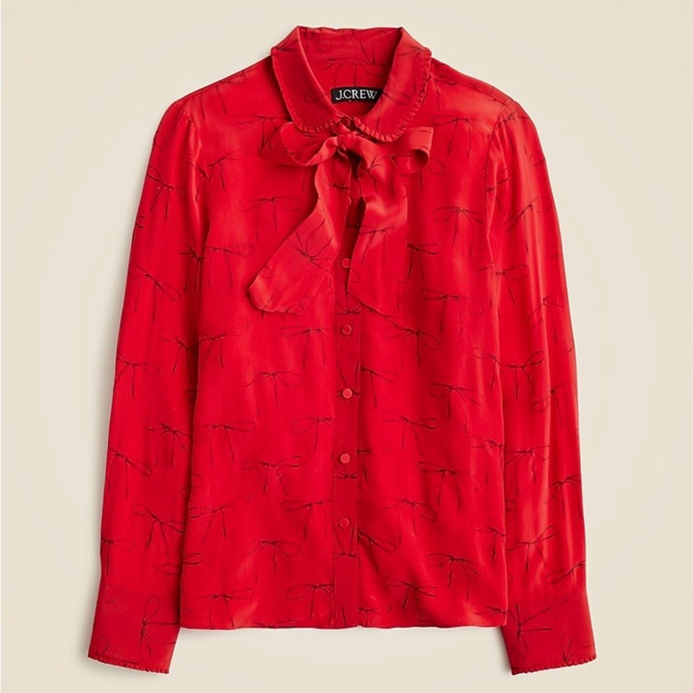 J CREW Red Bow Print Button Up Shirt Removable Neck Tie Crepe de Chine Blouse